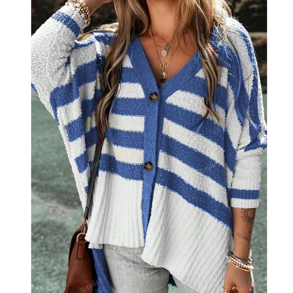 Cozy Color block Striped Button Down Oversized High Low Cardigan - Picture 7 of 11